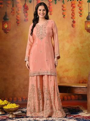 Peach chiffon embroidered sharara set 3