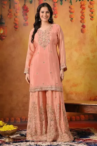 Peach chiffon embroidered sharara set
