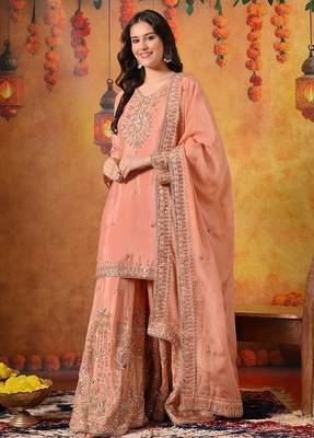 Peach chiffon embroidered sharara set 4