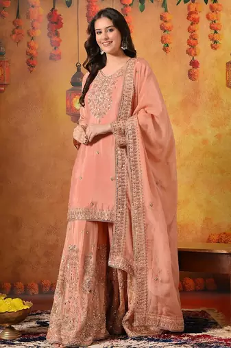 Peach chiffon embroidered sharara set