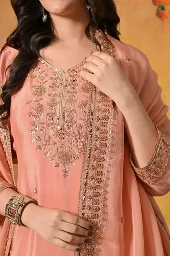 Peach chiffon embroidered sharara set