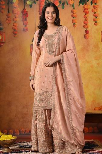 Peach tissue embroidered sharara set