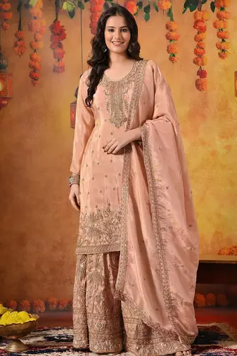 Peach tissue embroidered sharara set