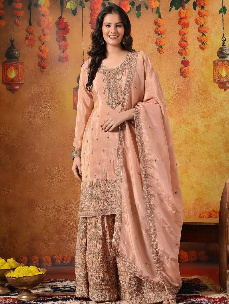 Peach tissue embroidered sharara set