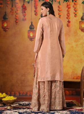 Peach tissue embroidered sharara set 2