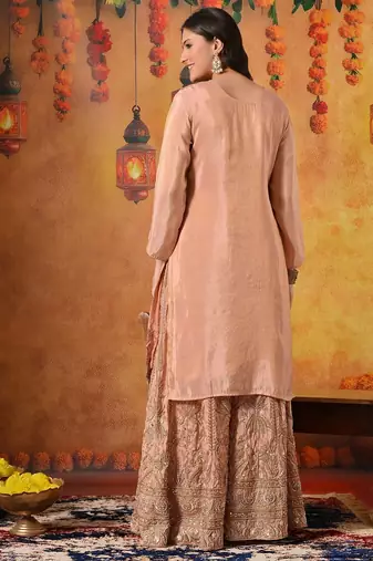 Peach tissue embroidered sharara set