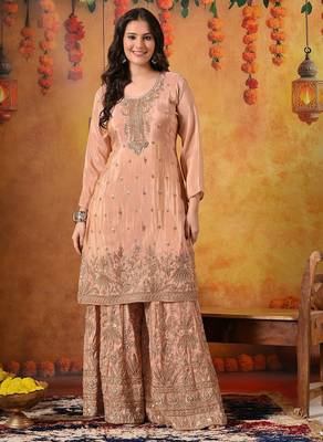 Peach tissue embroidered sharara set 3