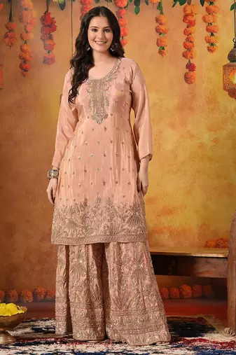 Peach tissue embroidered sharara set