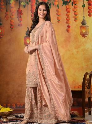 Peach tissue embroidered sharara set 4