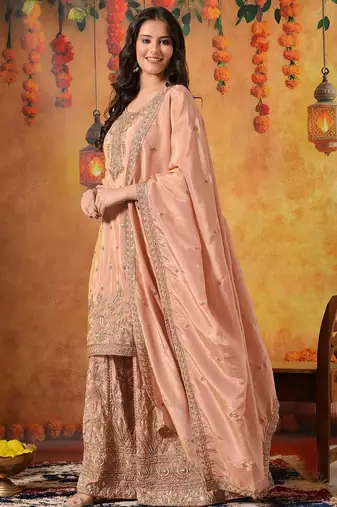 Peach tissue embroidered sharara set
