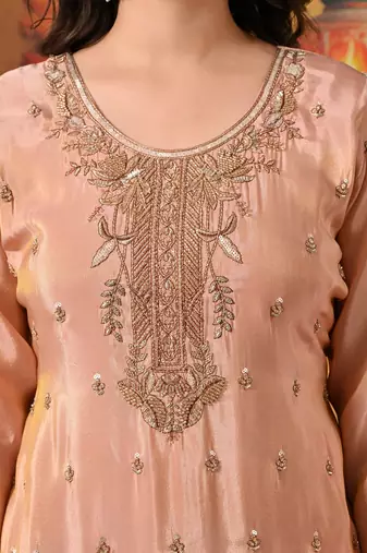 Peach tissue embroidered sharara set