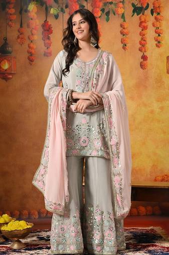 Grey chiffon embroidered sharara set