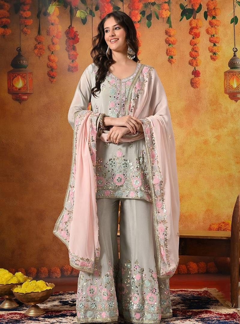 Grey chiffon embroidered sharara set