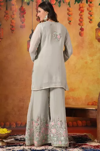 Grey chiffon embroidered sharara set