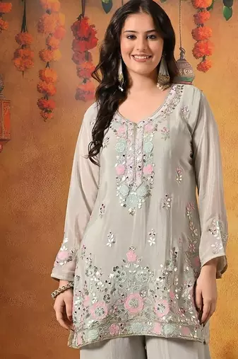 Grey chiffon embroidered sharara set