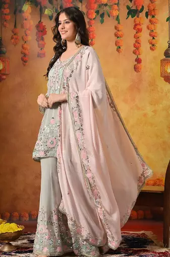 Grey chiffon embroidered sharara set