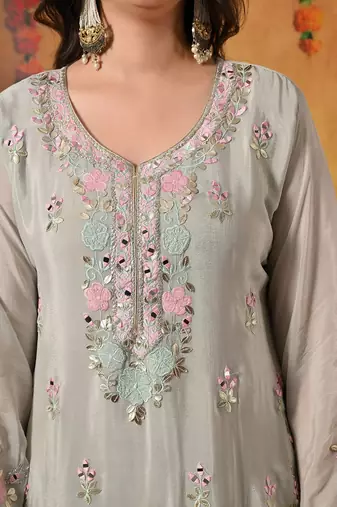 Grey chiffon embroidered sharara set