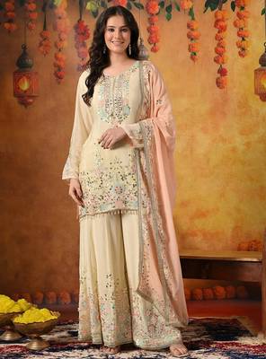 Yellow chiffon embroidered sharara set 1