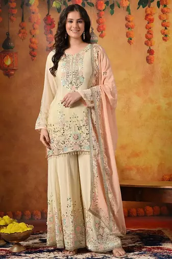 Yellow chiffon embroidered sharara set