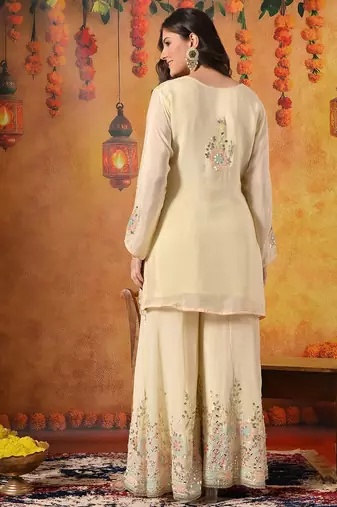 Yellow chiffon embroidered sharara set