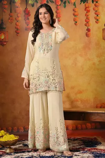 Yellow chiffon embroidered sharara set