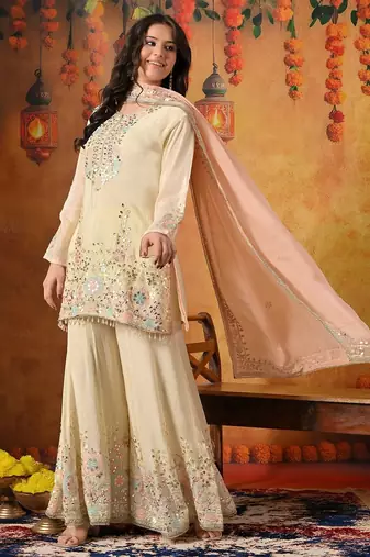 Yellow chiffon embroidered sharara set