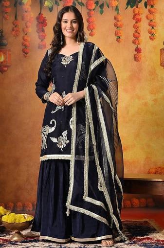 Blue tissue embroidered gharara set