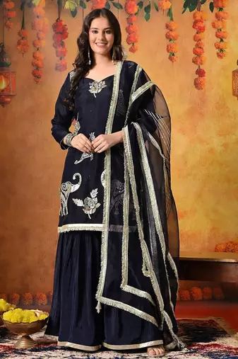 Blue tissue embroidered gharara set