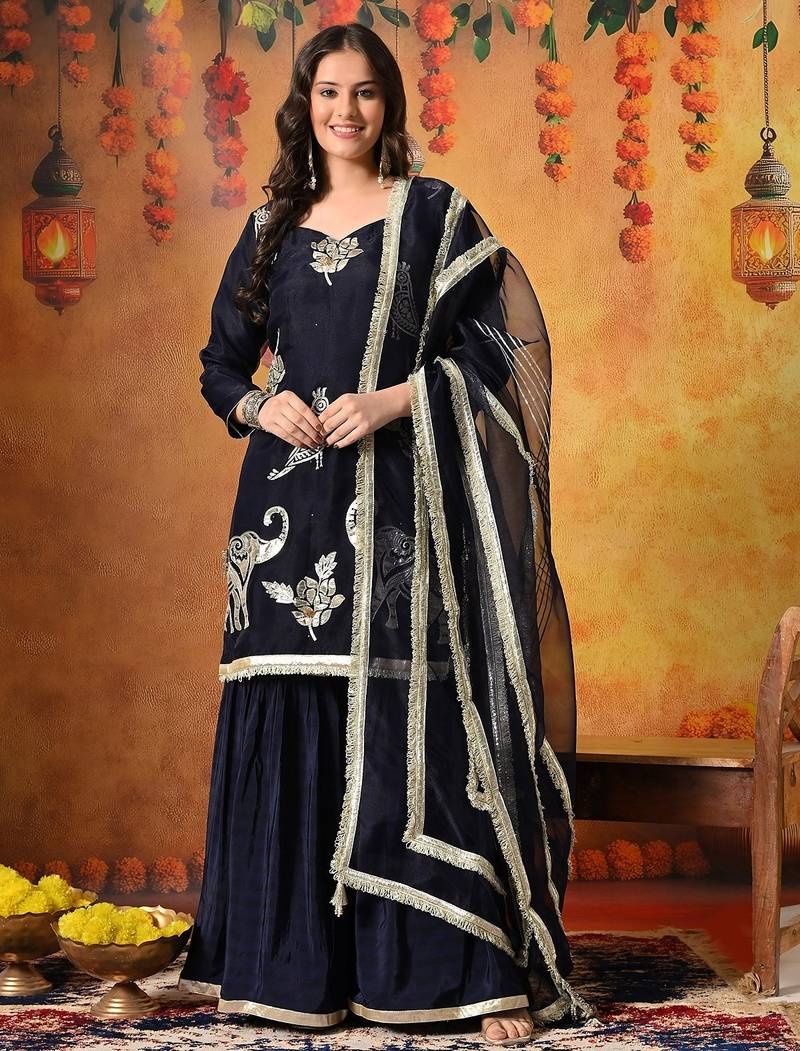 Blue tissue embroidered gharara set