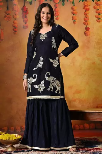Blue tissue embroidered gharara set