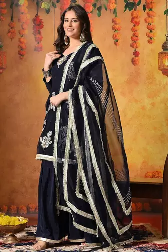 Blue tissue embroidered gharara set