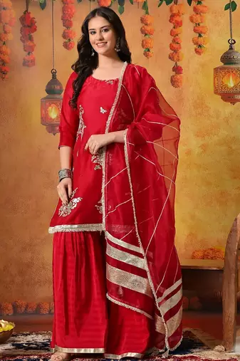 Pink tissue embroidered gharara set