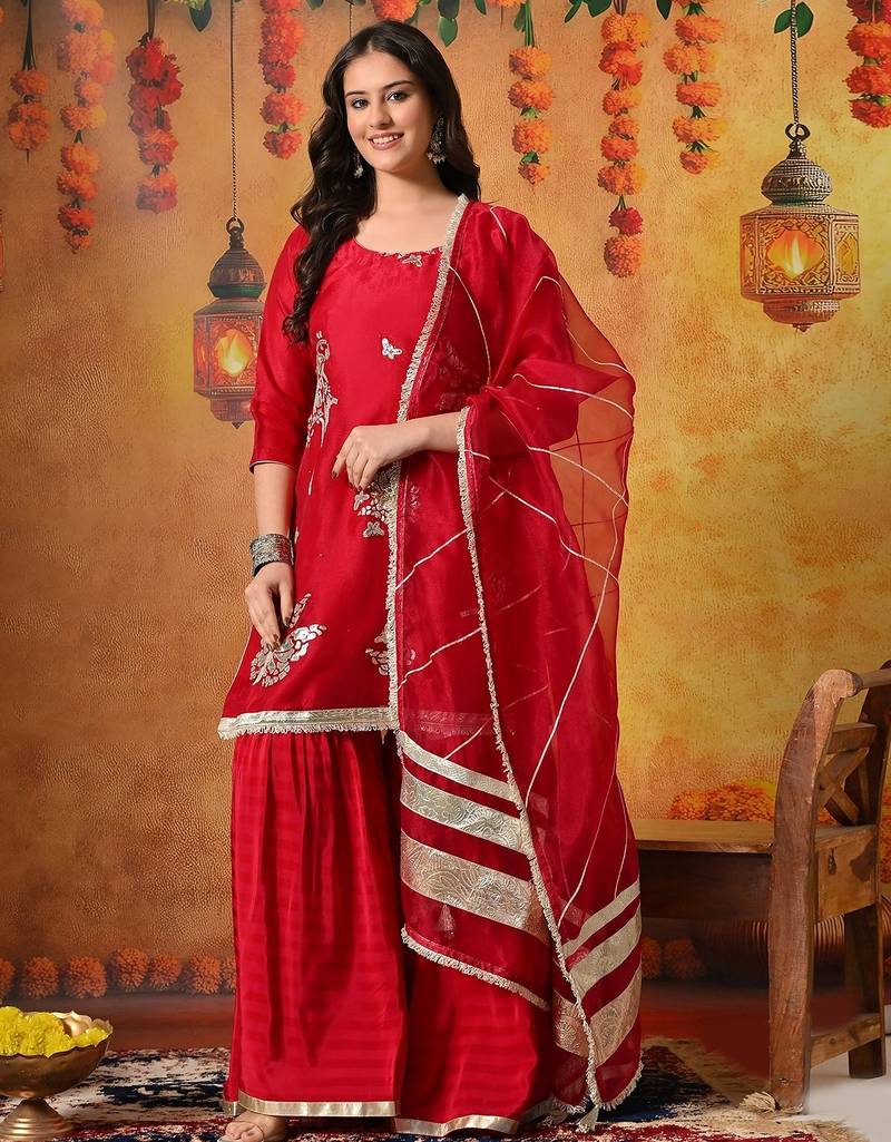 Pink tissue embroidered gharara set