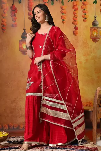 Pink tissue embroidered gharara set