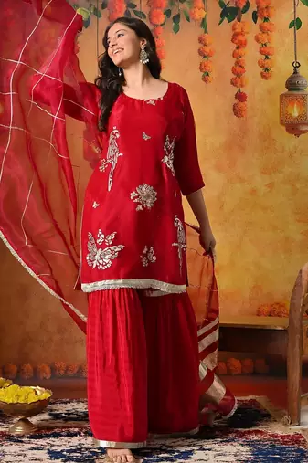 Pink tissue embroidered gharara set