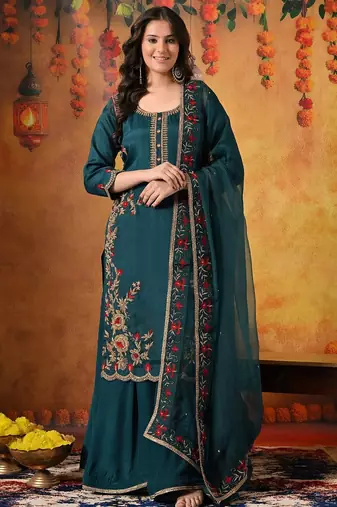 Green organza embroidered sharara set