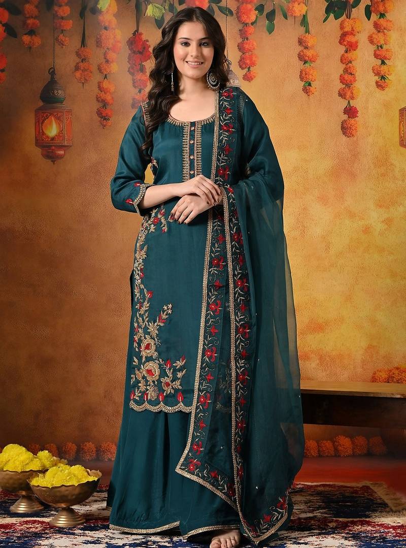 Green organza embroidered sharara set