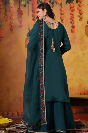 Green organza embroidered sharara set
