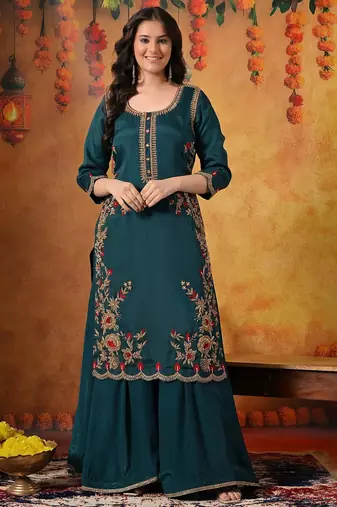 Green organza embroidered sharara set