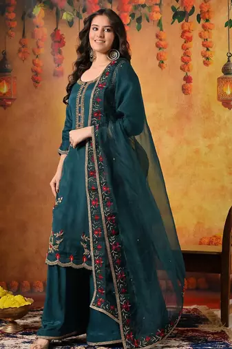 Green organza embroidered sharara set