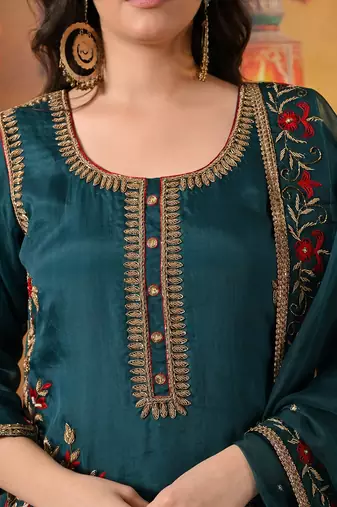 Green organza embroidered sharara set