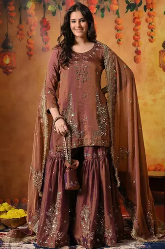 Purple tissue embroidered gharara set