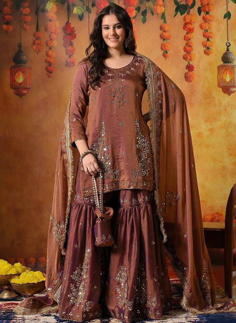 Purple tissue embroidered gharara set