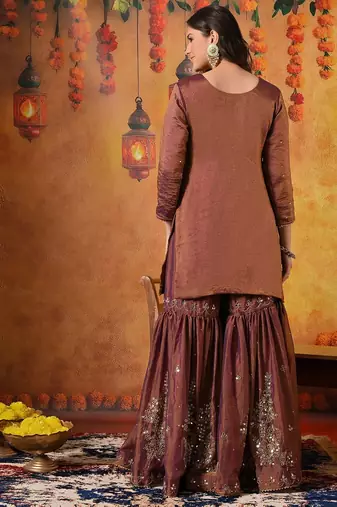 Purple tissue embroidered gharara set