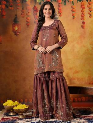 Purple tissue embroidered gharara set 3