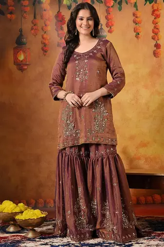 Purple tissue embroidered gharara set
