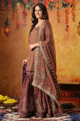 Purple tissue embroidered gharara set