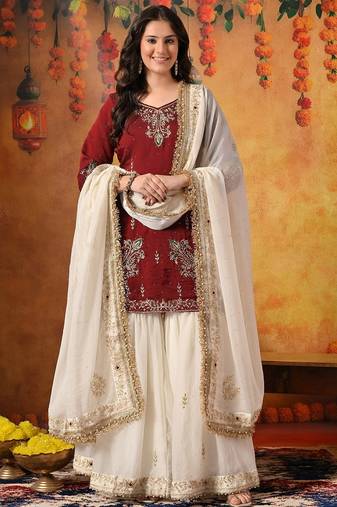 Maroon tissue embroidered gharara set