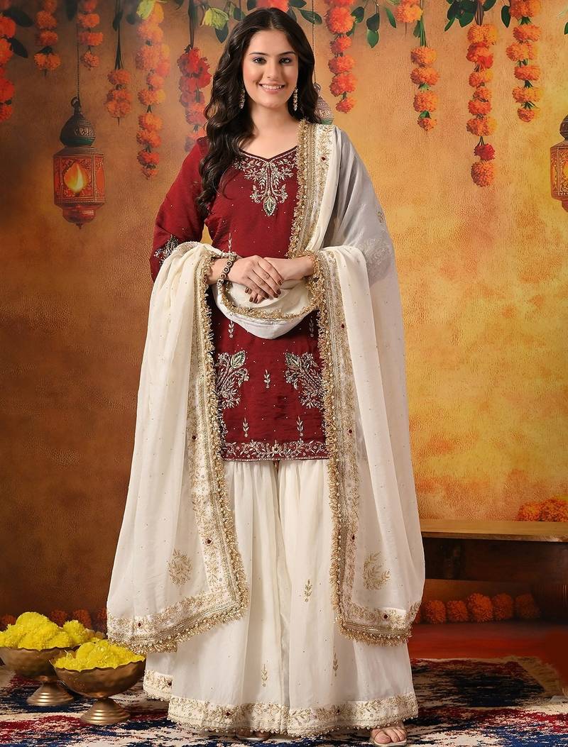 Maroon tissue embroidered gharara set