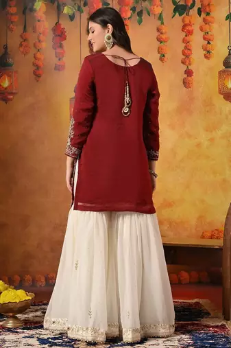 Maroon tissue embroidered gharara set